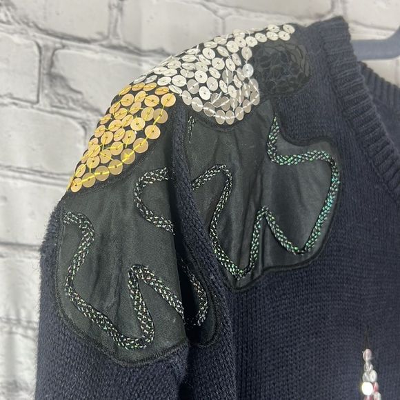 Vintage Pierre Cardin sweater sequins beaded patches navy blue size 40 - Picture 3 of 14